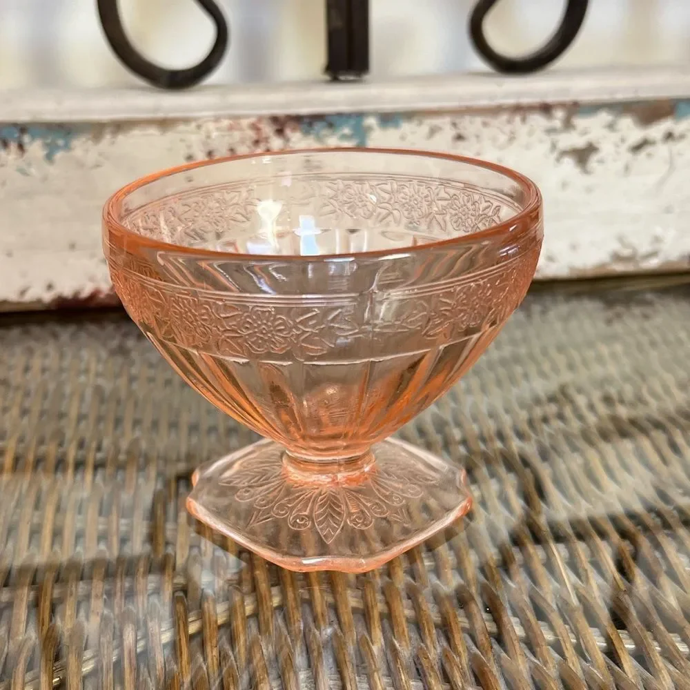 Jeanette Depression Glass Pink Adam Floral Etched Molded 1930’s Ice Cream Dish